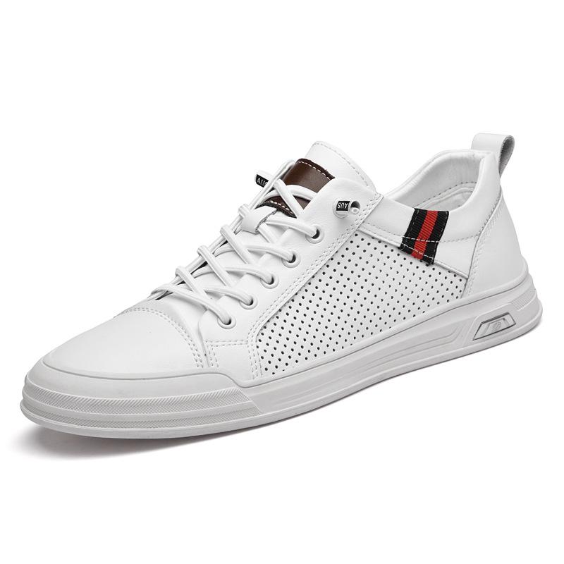 Men's Spring-Summer Casual Leather Board Shoes: Small Size Perforated White Lace-ups