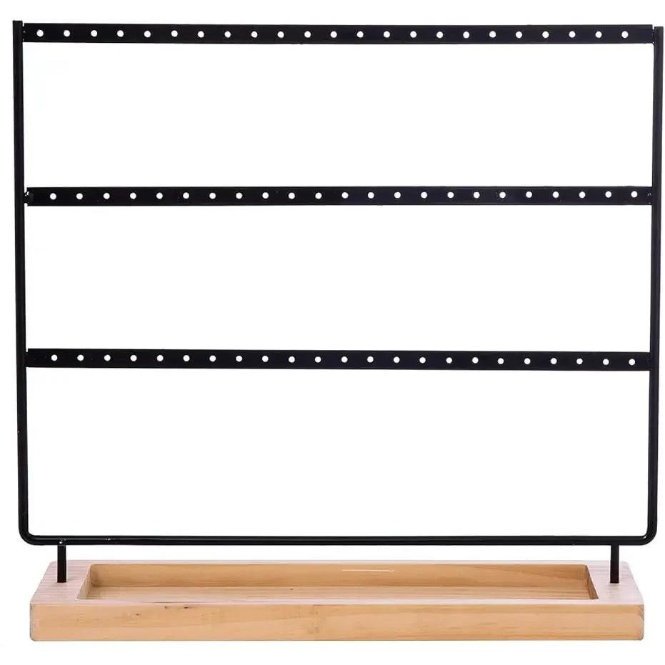 Øredobbeholderstativ 3-etasjers 69 hull Øredobb-organiseringsstativ Utstilling med oppbevaringsbrett i tre Skrivebordsarmbånd Smykkeholder