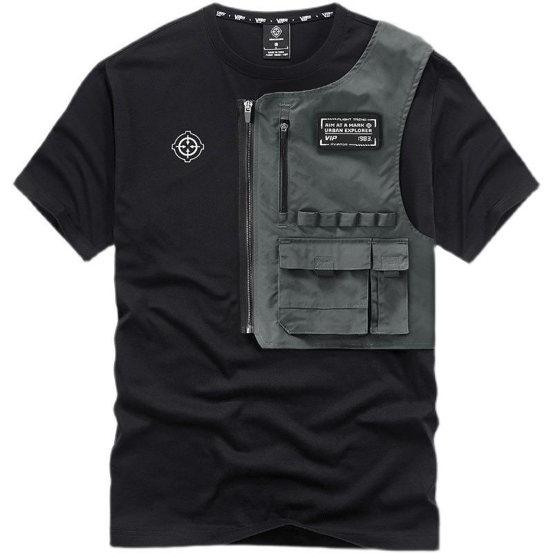 Men s Asymmetrical Vest Patchwork T-Shirt Casual Pocket Detail Streetwear Top M чёрный