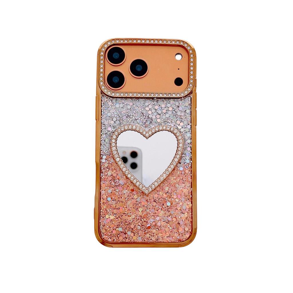 Glitter Epoxy Heart Mirror Rhinestone Case for iPhone 15/16/17 Pro Max