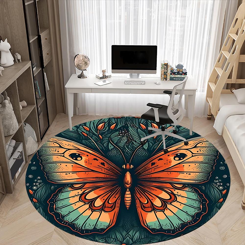 1PC Butterfly Nature Office Round Area Rug, Mat Suitable For Office, Under Office Chairs Bedroom Living Room Home Decor, Room Deco