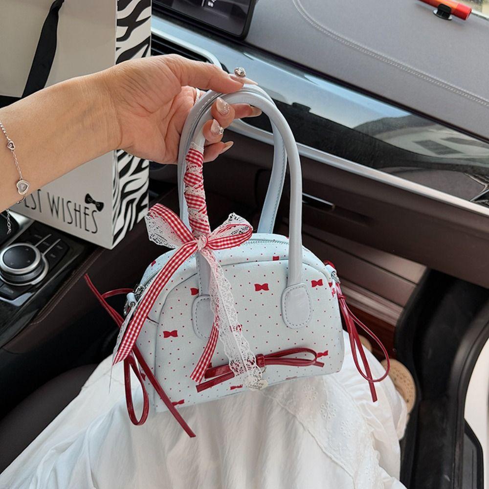 Lace Ribbon Boston Shoulder Bag French Style Women Handbags Trendy Bow Ribbons Bowling Bag Women