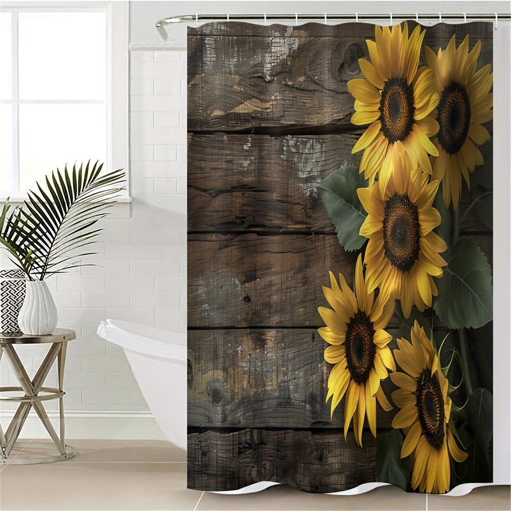 4-Pack Sunflower Wood Board Digital Printing Polyester Waterproof Shower Curtain Punch-Free Partition Bathroom Toilet