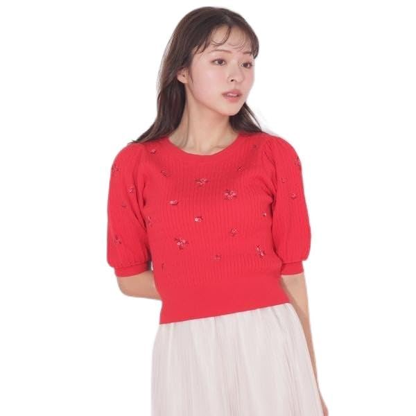 Jill by Jill Stuart Flower Embroidery Compact Red Knit, Women's,