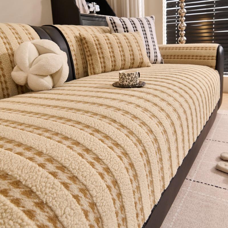 Luxury Couch Cover Fabric Extra Thick Straight Line Row Non Slip Lounge Sofa Pad Cover Cozy In Fall And Winter