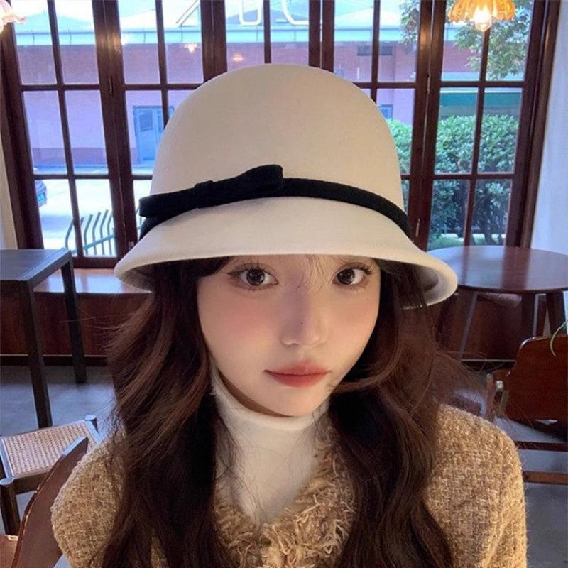Hepburn Small Fragrant Woolen Bow Bucket Hat Women's French Retro Autumn and Winter Top Hat Elegant White Basin Hat