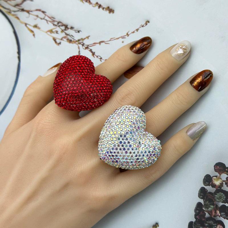 Three-Dimensional Large Heart Rhine Stone Ring Women's INS Style Diy Handmade Ring Fashionable And Trendy Jewelry Accessory