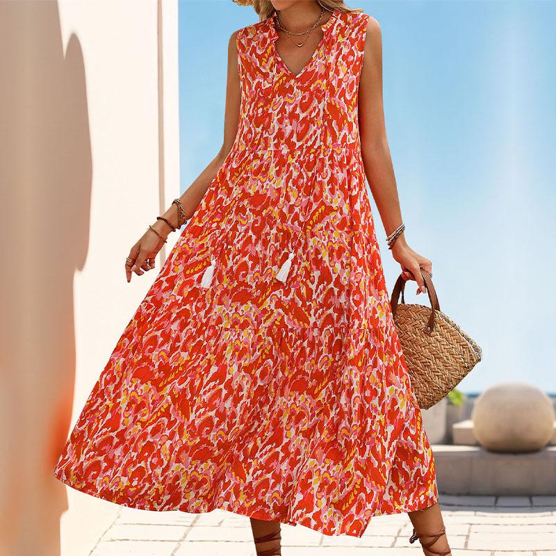 2026 European & American Summer Resort Sleeveless V-Neck Tassel Abstract Print Dress for Women