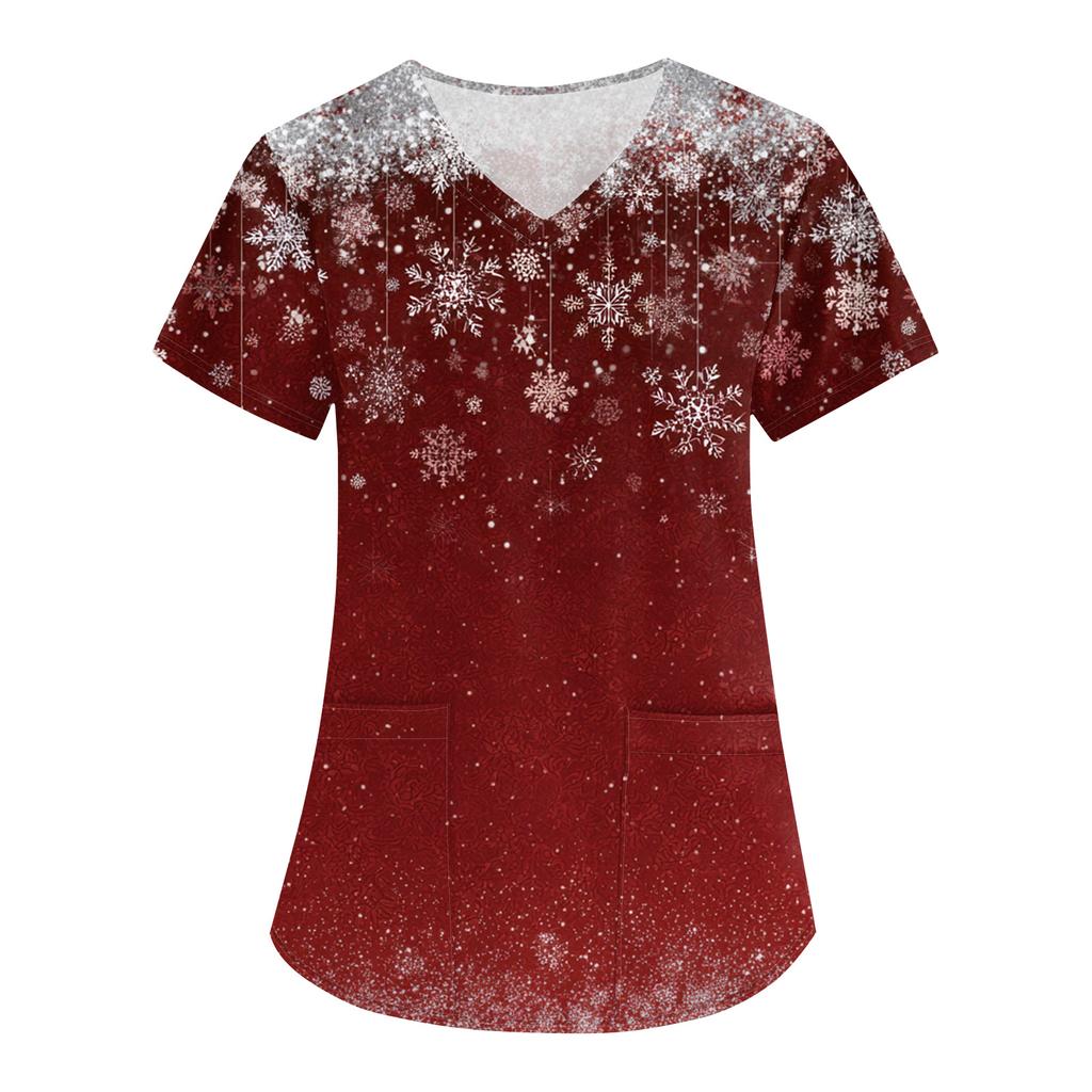 Women's Christmas Print Loose V-Neck Pocket Short-Sleeved Uniform
