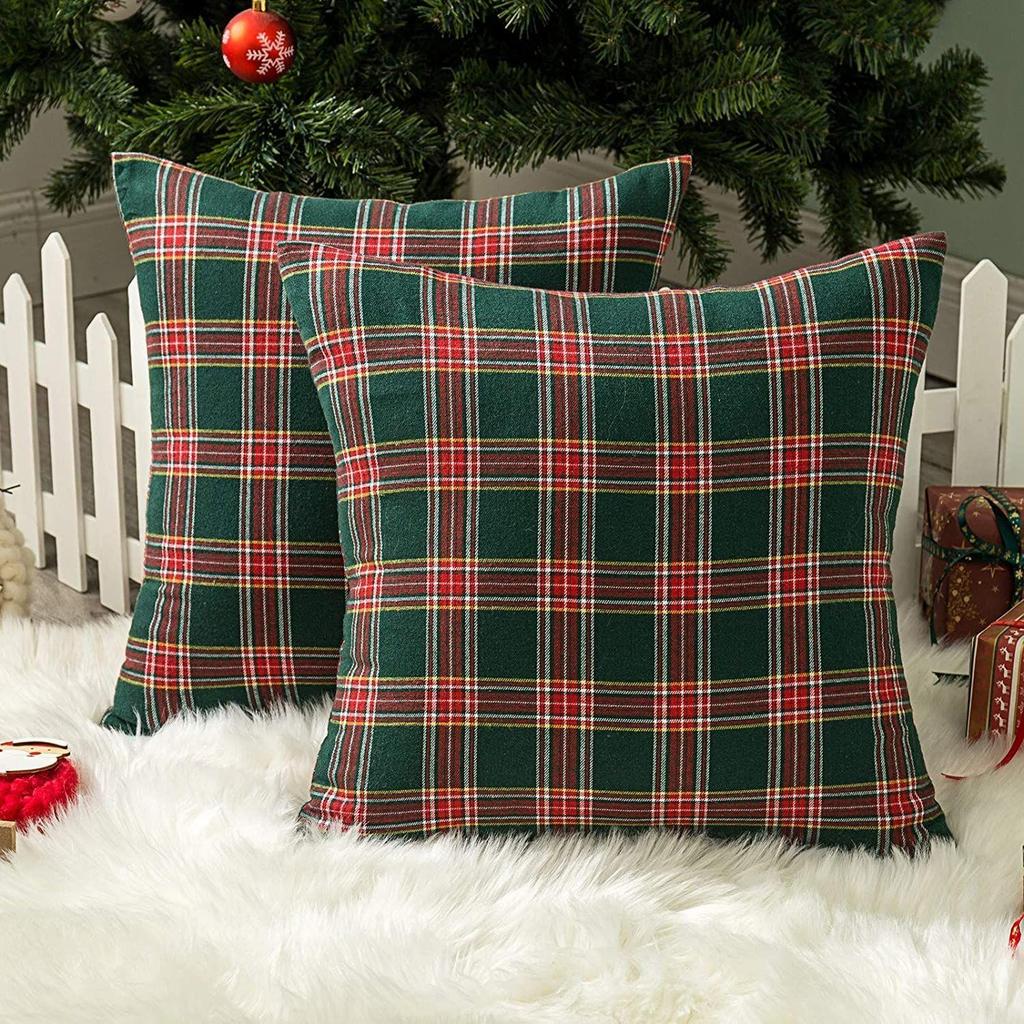 Christmas Check Cushion Cover for Living Room Sofa (Pack of 2, 16x16 Inch) - Christmas Theme Decor
