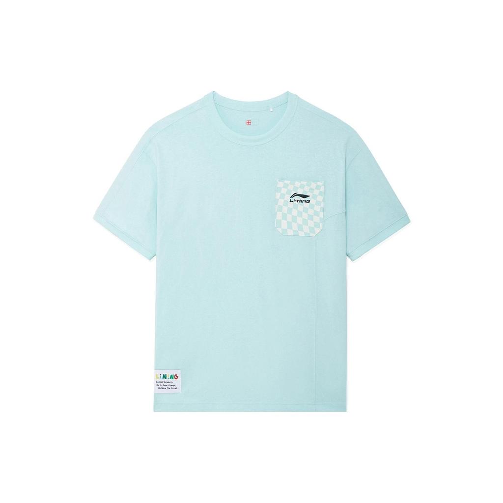 Li-Ning X Rooovie Artist Collaboration Colorblock Checkerboard Pocket Print Loose Short Sleeve T-Shirt Unisex Tops Ice-Blue AHSSB57-2