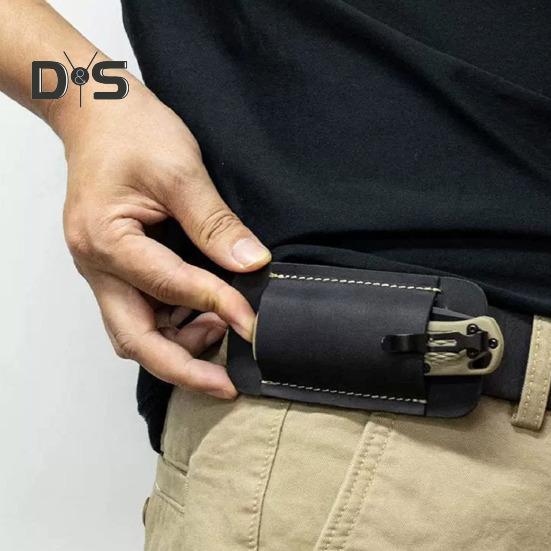 Leather Knife Sheath Men EDC Organizer Retro Belt Carrying Knife Holder Pocket Folding Knife Holster Horizontal Scabbard for Adventurers Belt