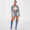 Women's Loose Fit Two Piece Outfit Set Long Sleeve Denim Jacket Drawstring High Waist Denim Shorts Streetwear Matching Suit