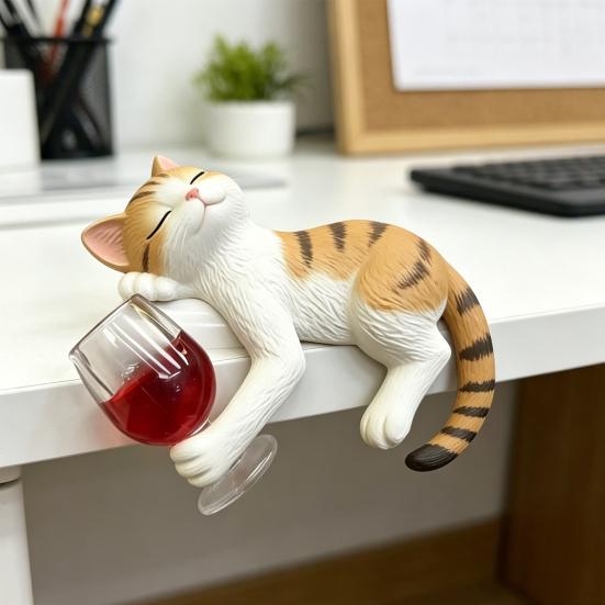 Cute Drinking Cat Figurine Kitten Holding Wine Glass Statue Resin Lying Kitty Ornament for Garden Planter Balcony Indoor Outdoor Shelf Decor
