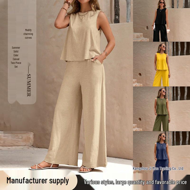 2025 Summer Women's Trendy Two-Piece Set: Loose Cotton Pullover with Round Neck.