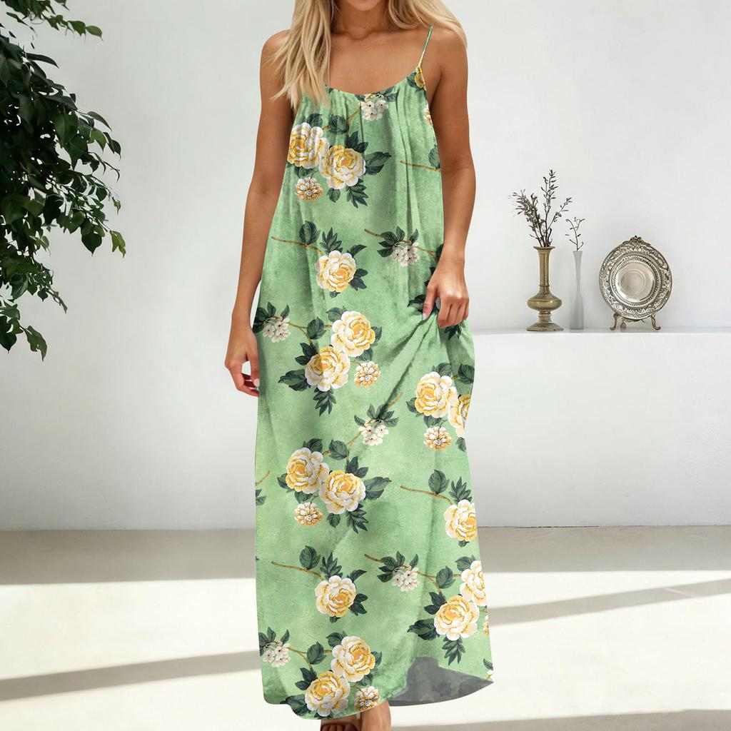 Damenmode Rückenfreies Spaghettiträger Lässiges Lockeres Blumenprint Kleid