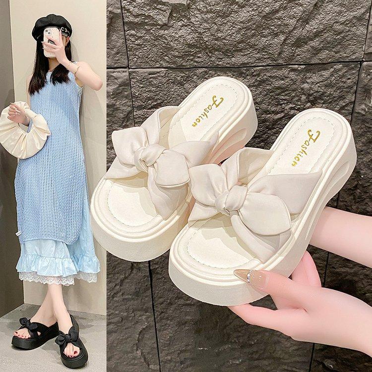New versatile platform slippers women's summer wear bow one-word drag height increase fashion sweet fairy style slippers