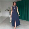 2025 Summer European & American Round Neck Button Sleeveless Slit Sexy Slim Fit Dress