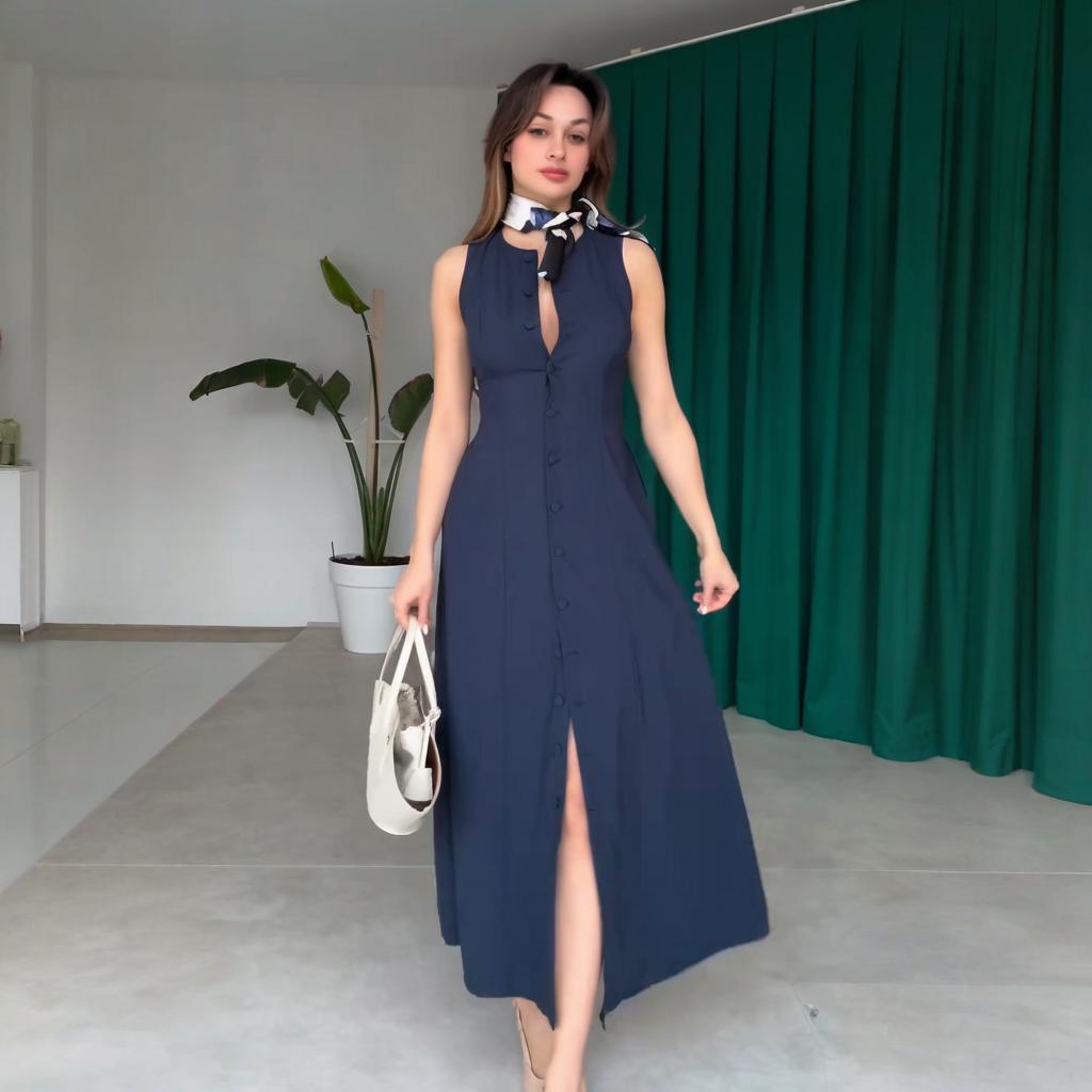 2025 Summer European & American Round Neck Button Sleeveless Slit Sexy Slim Fit Dress