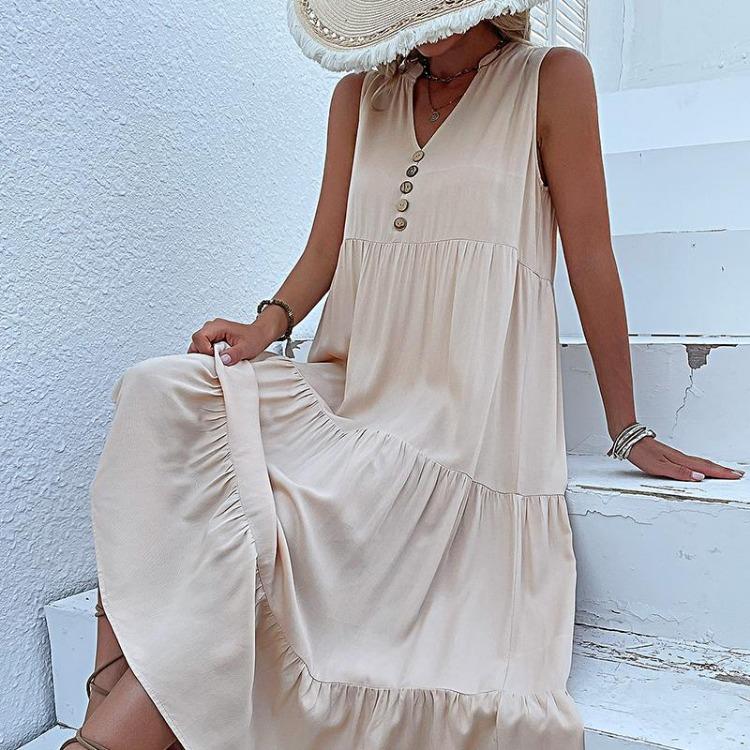 Robe d'été pour femme, coupe trapèze, longueur genou, sans manches, couleur unie, col en V