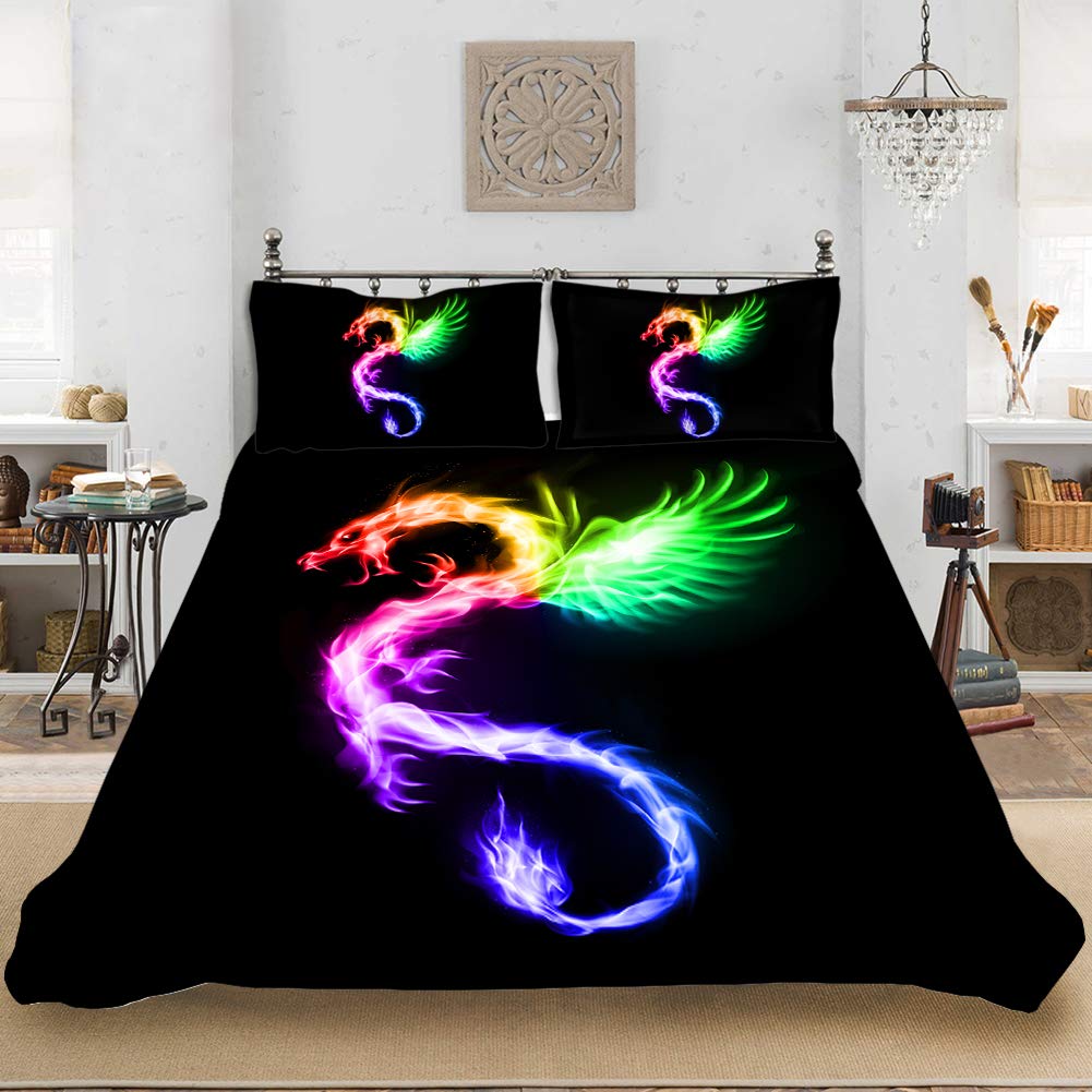 Sady povlečení pro dospělé se zvířaty Velikost Full/Queen/King Polyester 3D Létající drak s křídly Modré ohnivé pozadí Černá sada povlečení