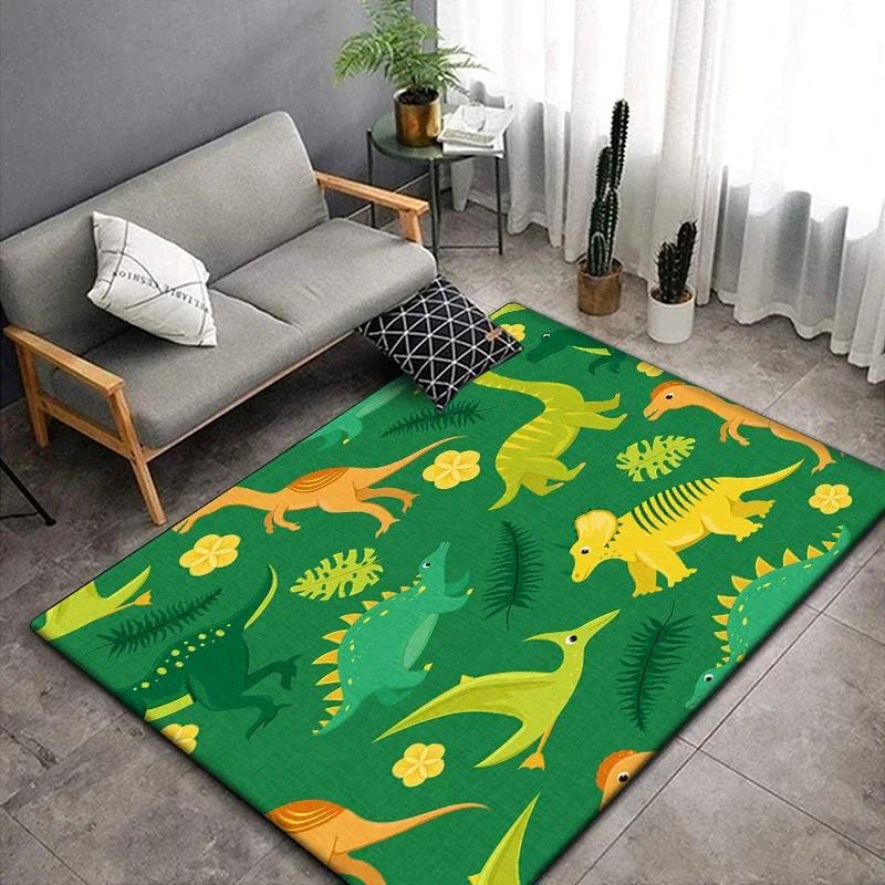1 pieza Alfombra linda con estampado de dinosaurio de dibujos animados para sala de estar, dormitorio, alfombra para gatear para niños resistente a las arrugas, alfombra de suelo antideslizante