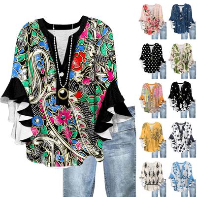 Women's Fashion Casual Button V-Neck Seven Sleeve Vintage Printed Shirt Top