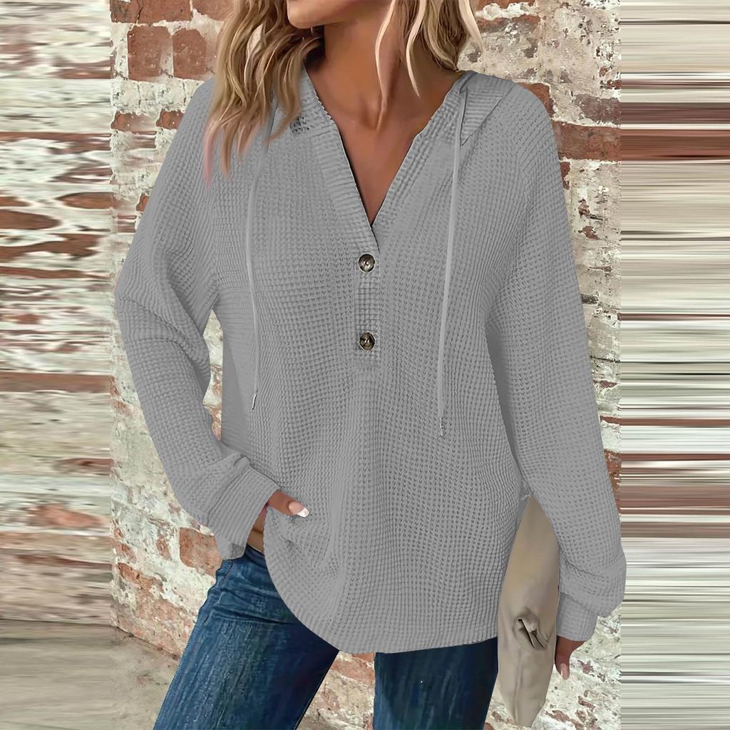 Damenmode, Langarm, Kordelzug, Kapuzenknopf, V-Ausschnitt, lässiges Kapuzen-Sweatshirt