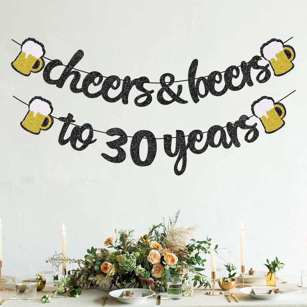 30th Birthday Decorations - Cheers and Beers to 30 Years Banner, Happy 30th Birthday Banner Sign Pre-Strung, Anniversary Party Supplies (Black Gold)