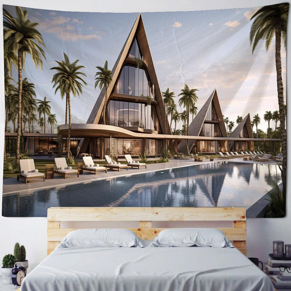 Beautiful Seaside Courtyard Landscape Tapestry Wall Hanging Room Wall Decoration Living Room and Bedroom Background Poster
