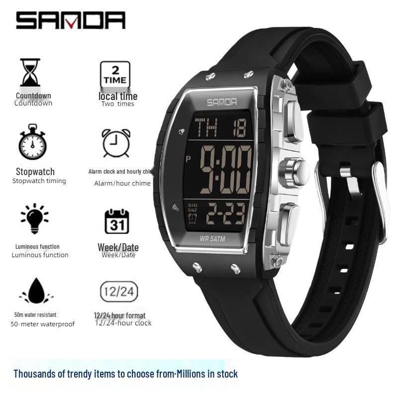 SANDA Men's Multifunctional Dual Time Waterproof Sport Watch - Fashion Tonneau Shape with Snooze Feature