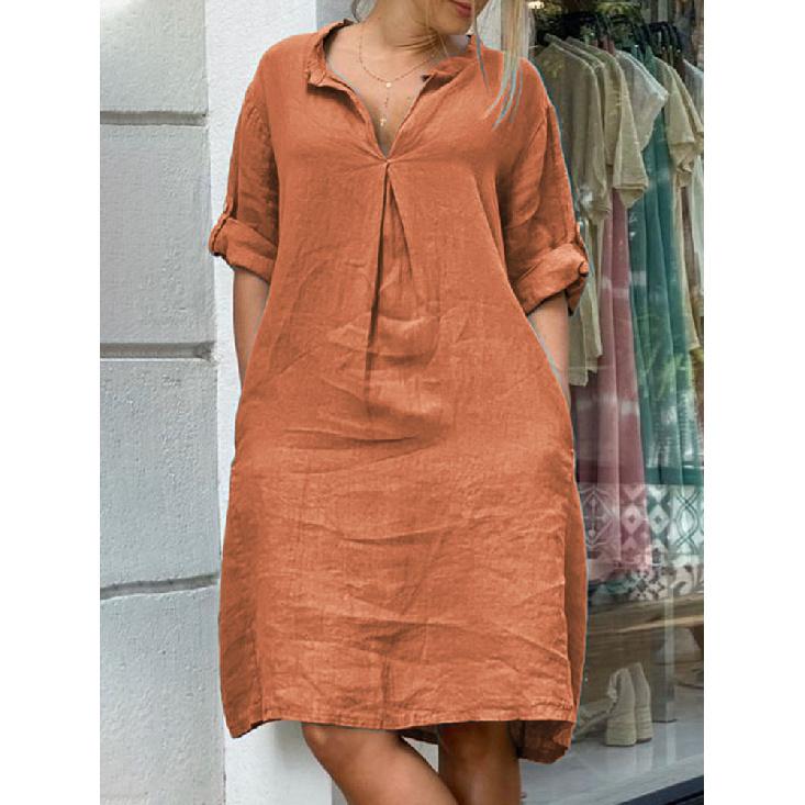 2026 New Women's Casual V-neck Discounted Long-sleeve Solid Color Loose Dress