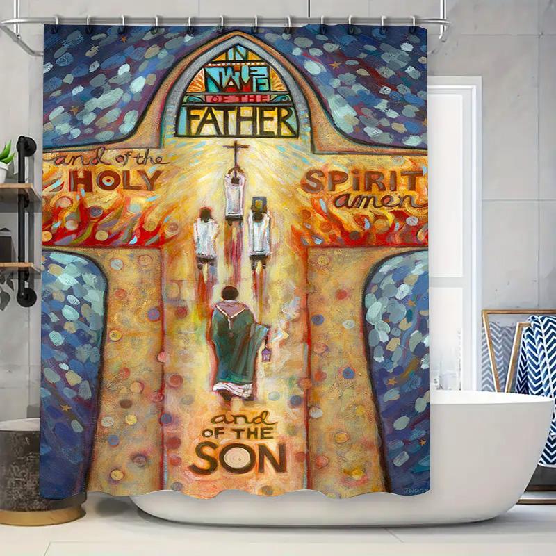 Abstract Religious Art Shower Curtain Cross Design With Holy Spirit And Son Figures Perfect For Bath Decoration