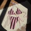 Women's Multicolor Striped Textured Halter Tie Two-Piece Bikini Swimsuit