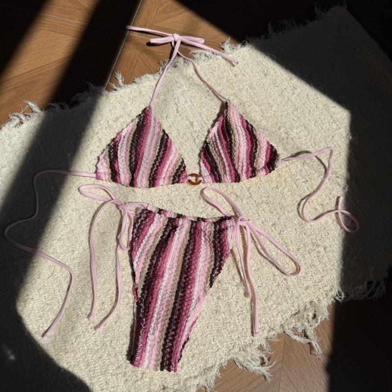 Women's Multicolor Striped Textured Halter Tie Two-Piece Bikini Swimsuit