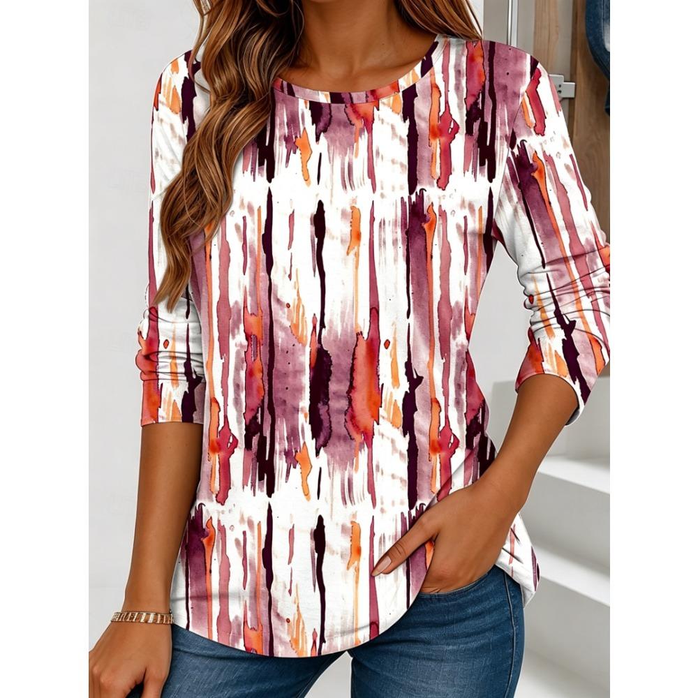 Women's Long Sleeve Crew Neck Watercolor Streak Print Casual T-Shirt, Regular Tops for Spring Summer Daily Weekend Wear