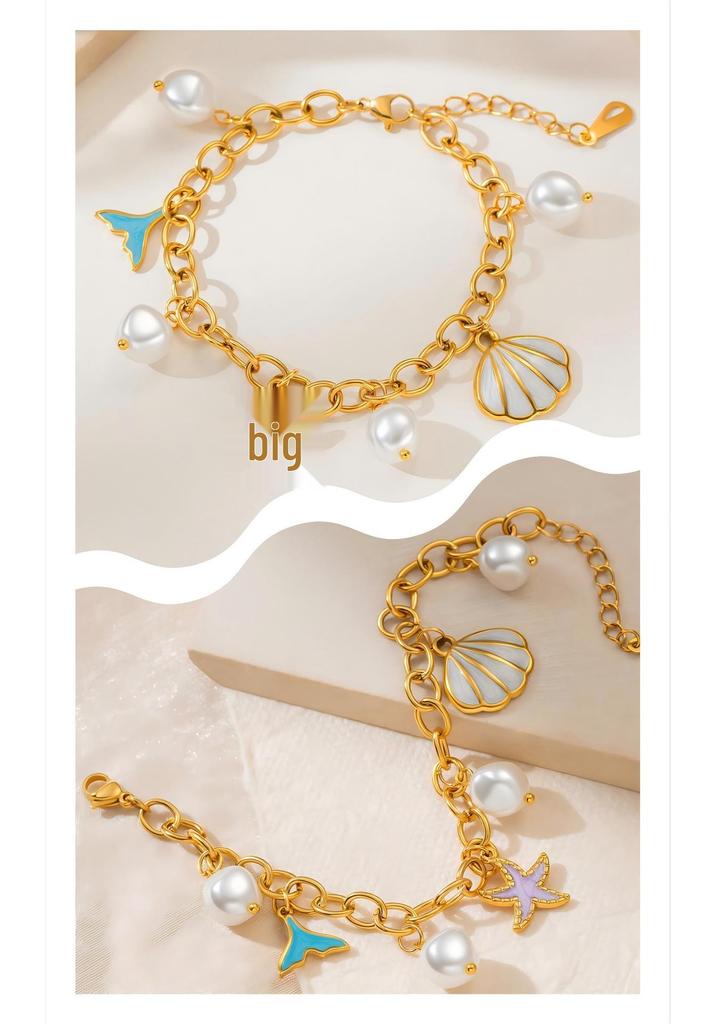 Mermaid Tail & Starfish Pearl Bracelet, 18K Gold Plated, Stainless Steel, Anti-Allergic for Summer Beach Style