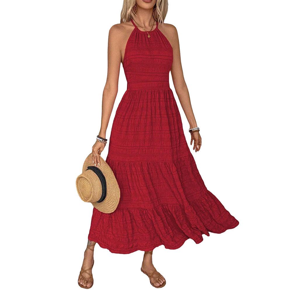 Retro Red Halter Neck Backless Long Dress - Women's Summer High Waist 2025 Collection