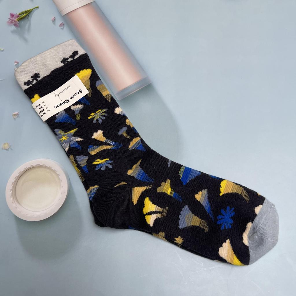 Bonne Maison: Retro-Ölgemälde-Socken für Damen, mittelhoch, luxuriös, französisch, bis zur Wade