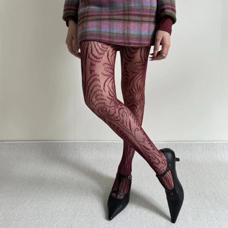 Women Vintage Hollowed Out Fishnet Pantyhose Stockings Japanese Aesthetic Exotic Patterned Sheer Mesh Tights Leggings