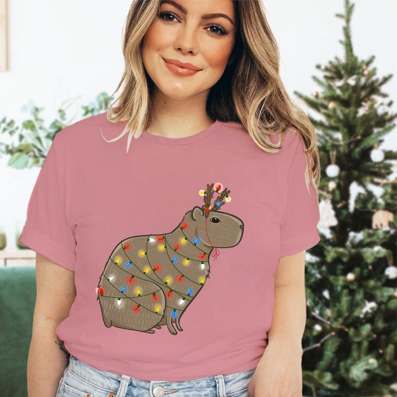 Womens Christmas Tshirt Funny Capybaras Lights Design Festive Crew Neck Girls Clothing Merry Christmas Capybara Cartoon Tshirt