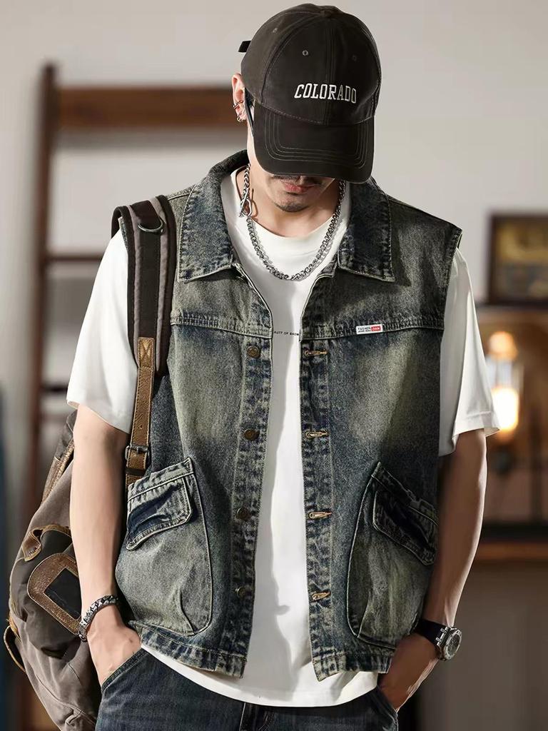 Gilet Tattico Retro in Denim Kaki - Stile Americano, Giacca da Lavoro Pesante per Uomo