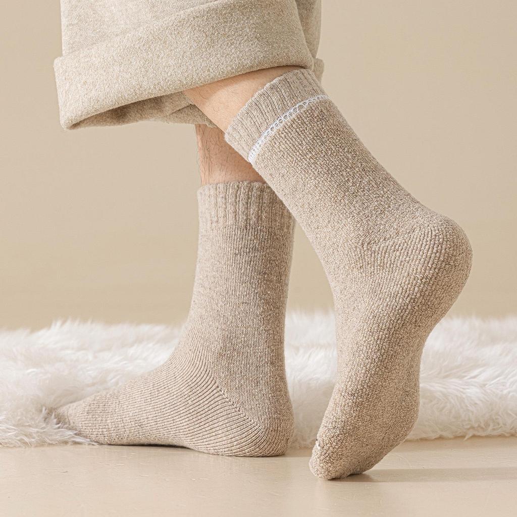Men's Wool Fleece-lined Mid-Calf Socks for Autumn & Winter, Cold-Proof, Thick & Warm, Solid Color