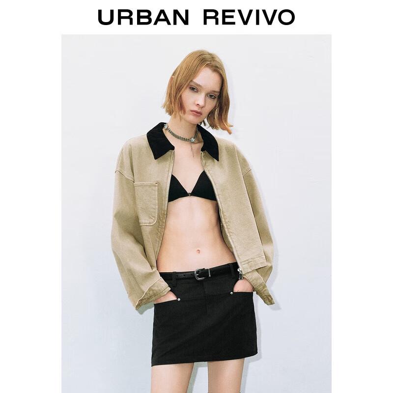 UR Women s Denim Revival Washed Color Block Lapel Casual Shirt XS