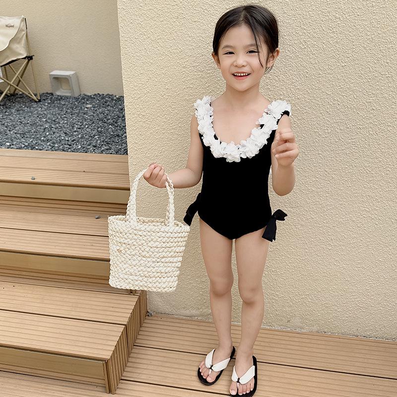 2025 Preppy Style White Lace One-Piece Swimsuit for Kids - Summer Beachwear