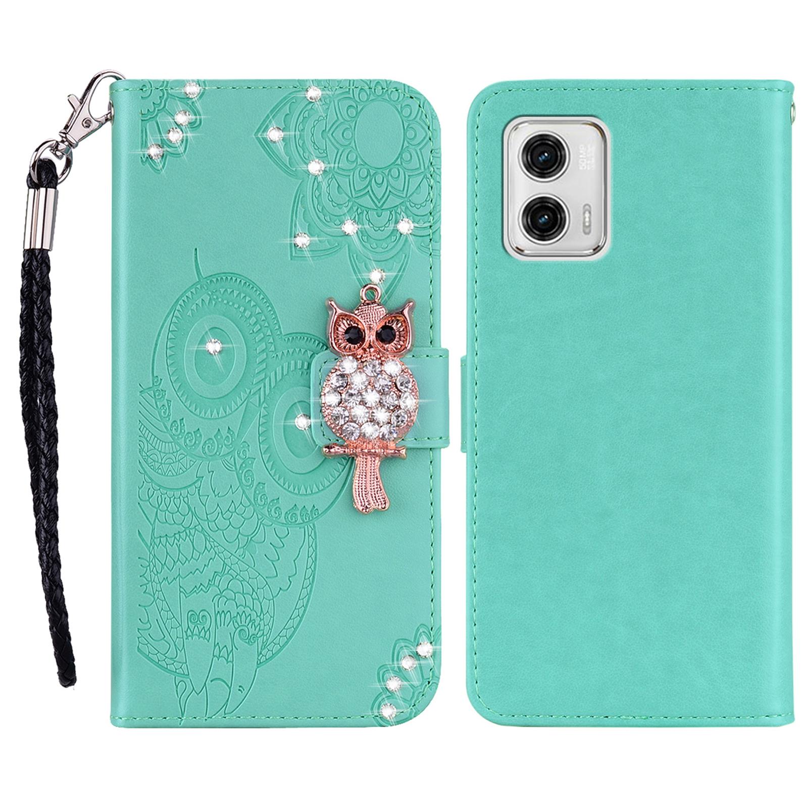 

For Motorola Moto G73 5G Rhinestone PU Leather Phone Case Imprinted Owl Flower Stand Wallet Flip Cover Cyan