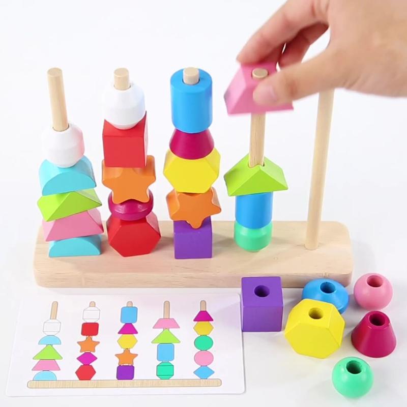 Learning Plugging Block Toy Shape & Color Sorting Game Wooden Beading Toy Stacking Puzzle Interactive Toddler Fun Gift