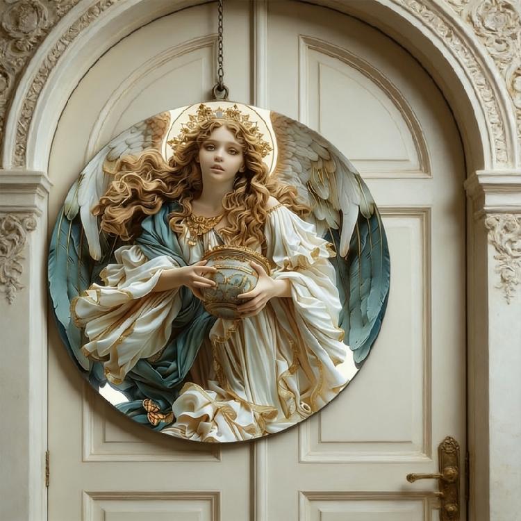 Angel Reading Book Theme Wooden Hanging Sign Front Door Round Plaque For Home Holiday Garden Party Decoration Ornament