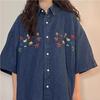 Women's Denim Short Sleeve Shirt Floral Embroidered Loose Fit Vintage Shirts Casual Button Down Comfort Summer Lady Top