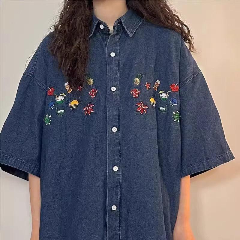 Women's Denim Short Sleeve Shirt Floral Embroidered Loose Fit Vintage Shirts Casual Button Down Comfort Summer Lady Top